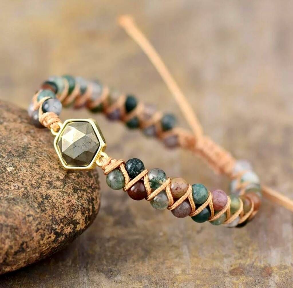 Natural Indian Agate And Pyrite Stone Bracelet